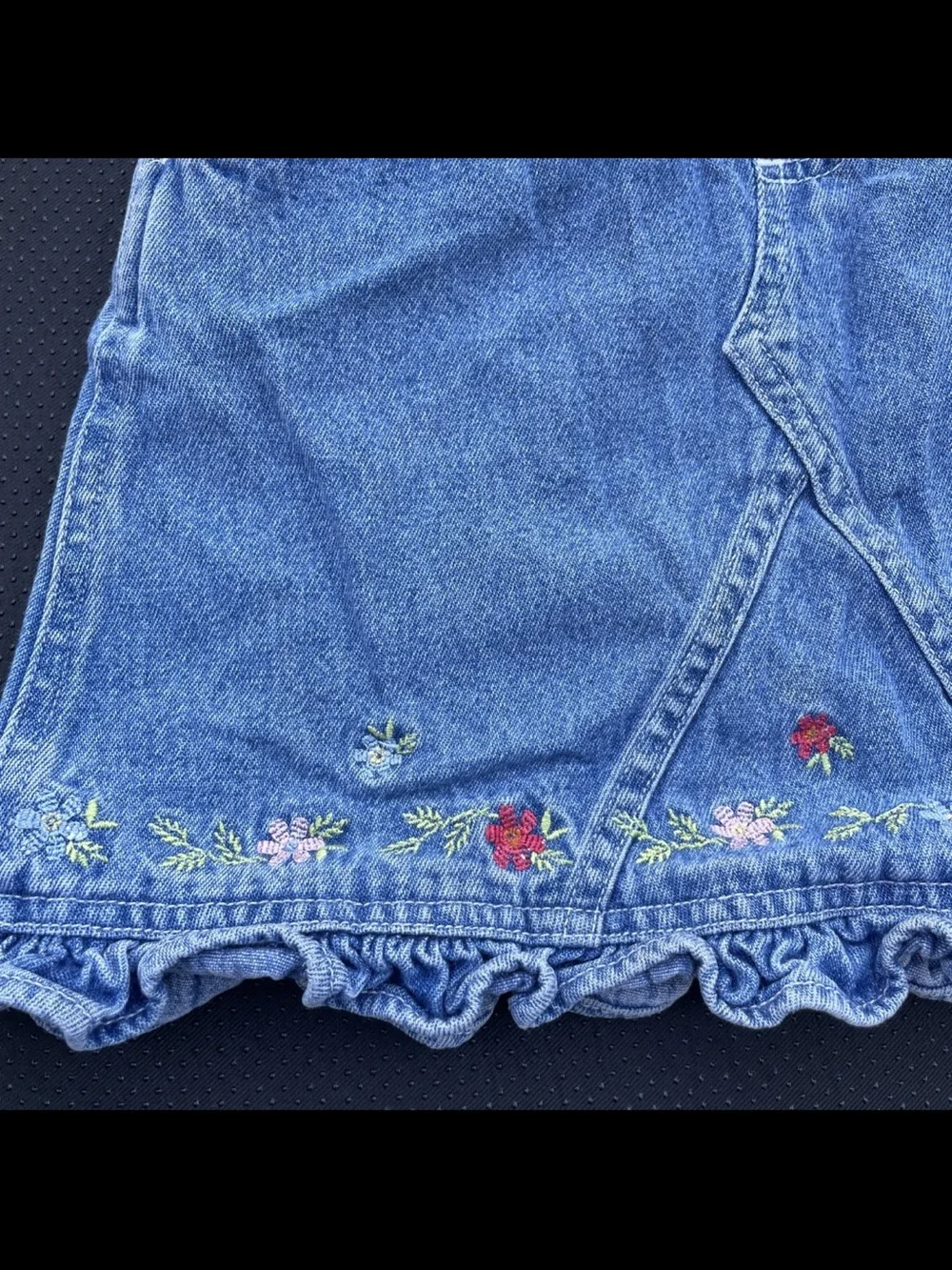 Vintage Faded Glory Blue Denim Floral Embroidered Overalls Dress
